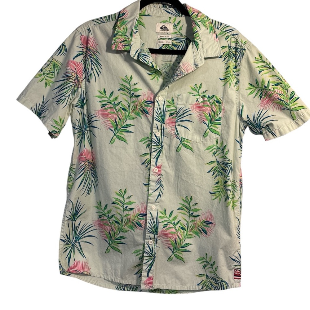 Quiksilver Men's Leaf Print Shirt - Green and Pink